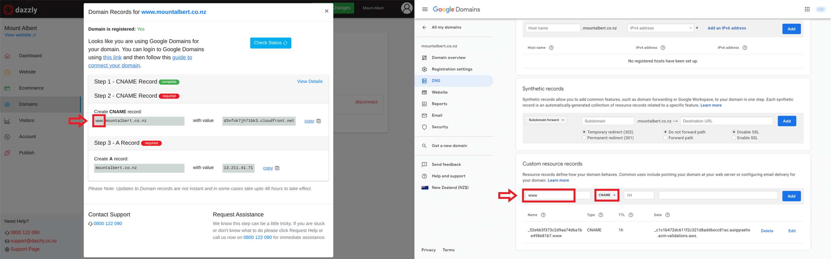 screenshots showing entering in the www within google domains
