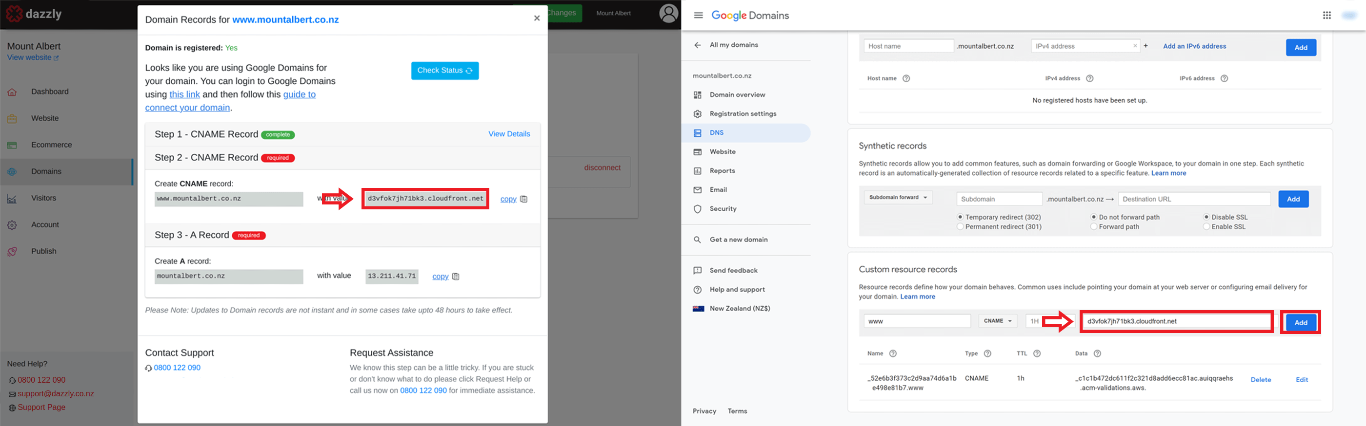 screenshots showing entering the CNAME Value into google domains