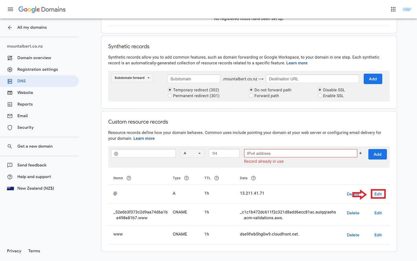 screenshot showing the 'edit' button for an existing A record