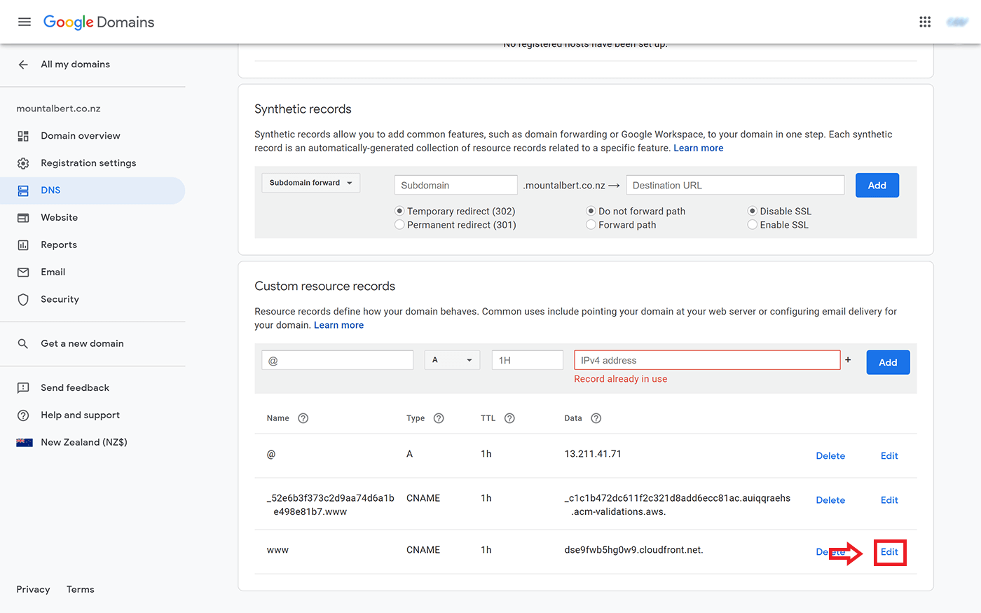 screenshot showing the 'edit' button for existing CNAME within google domains